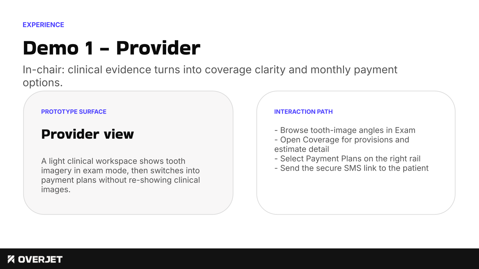 Demo 1 - Provider. In-chair clinical evidence turns into coverage clarity and monthly payment options.