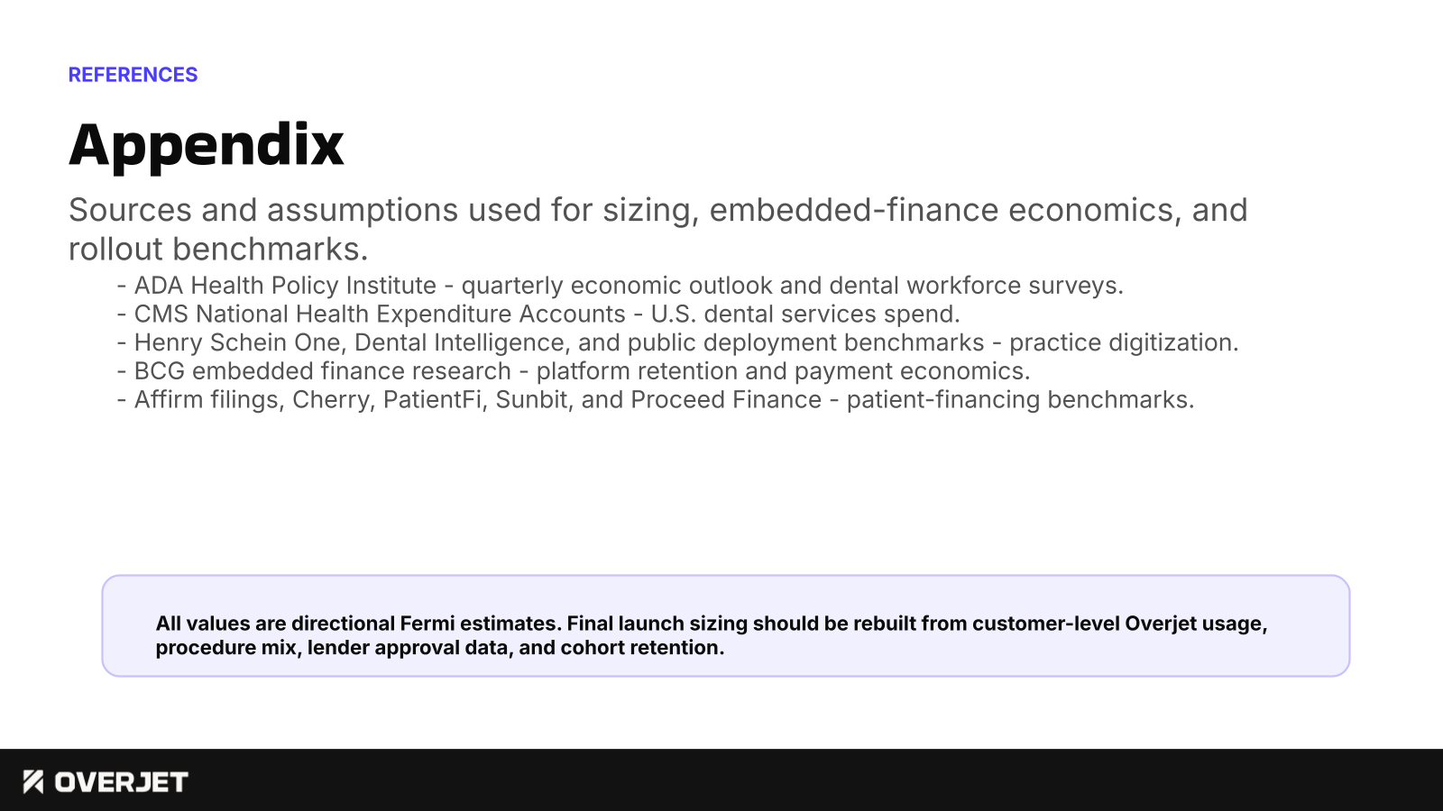Appendix. Sources and assumptions for sizing, embedded-finance economics, and rollout benchmarks.